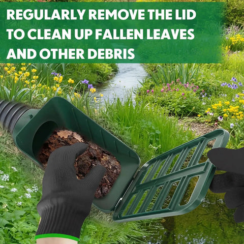 Close-up of Angled Lawn Drain Grate 2 Pack, 4 Inch Green Yard Drainage Grate For Sump Pump Discharge And Downspout Extensions, showing open lid for easy cleaning.