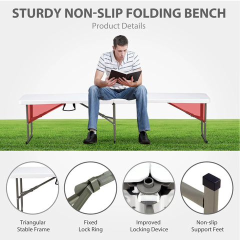 Heavy Duty 6ft Folding Bench With Secure Handle Lock Waterproof Patio Seat Two Pack Built Tough Easy Fold Design thick panel with user reading.
