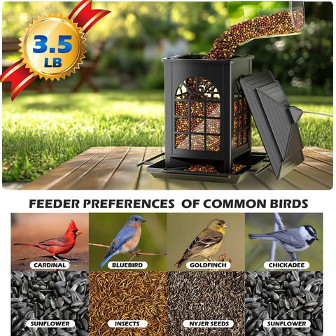 Two Pack Outdoor Hanging Bird Feeders With One Minute Easy Assembly Classic Courtyard Design Attract Cardinals Chickadees Goldfinches Sparrows Total Seven Pound Capacity Black, showing feeder preferences of common birds with seeds