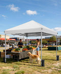 10x10 Pop Up Canopy Tent With Instant One Button Setup Carry Bag Four Sandbags And Eight Stakes Lightweight Outdoor Shade For Parties, Camping, Markets And Events White at a market