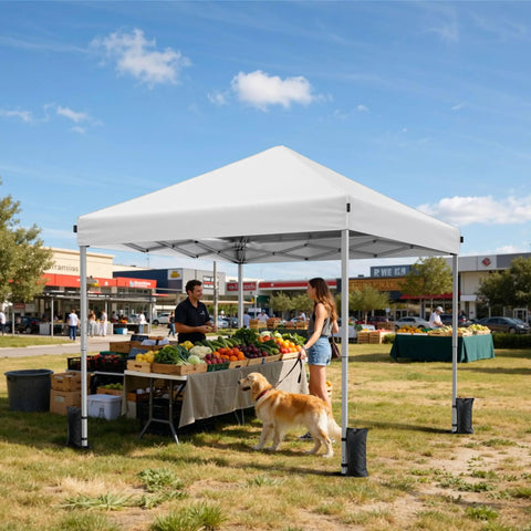 10x10 Pop Up Canopy Tent With Instant One Button Setup Carry Bag Four Sandbags And Eight Stakes Lightweight Outdoor Shade For Parties, Camping, Markets And Events White at a market