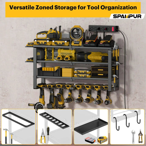 Heavy Duty Power Tool Organizer Wall Mount With 4 Tier Rack And 8 Drill Holders, Charging Station For Garage Workshop Storage, Built For Builders, A Killer Gift For Husband Or Dad