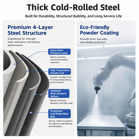 Thick Cold-Rolled Steel structure features premium 4-layer and eco-friendly powder coating for durability.