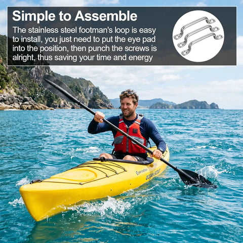 Beefy 48 Pcs Stainless Steel Footmans Loops With Screws Kit, 3 Inch Total Length, Heavy Duty Fasteners With 96 Flat Head Screws, Ideal For Outdoor Gear, Marine, DIY Projects, And Rope Attachments. Stainless footman loops installed on a kayak