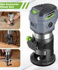 WORKPRO compact corded router kit; front view shows green depth knob and round base for woodworking slotting and trimming.