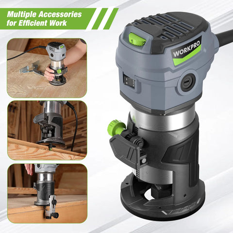 WORKPRO compact corded router kit; front view shows green depth knob and round base for woodworking slotting and trimming.
