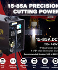 Apex LTP8500 85A HF Pilot Arc Plasma Cutter with Drag-Cut enabled, displaying LED controls and cutting power in action.