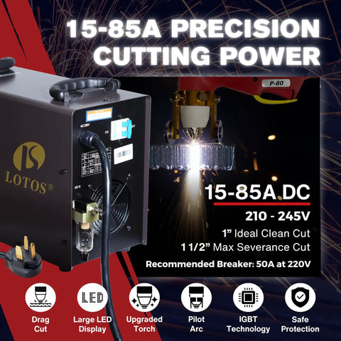 Apex LTP8500 85A HF Pilot Arc Plasma Cutter with Drag-Cut enabled, displaying LED controls and cutting power in action.