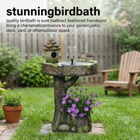 Solar Powered Bird Fountain With Birdhouse And LED Lights For Easy Setup Outdoor Gardens 29.5 Inch Resin Waterfall Feature Gentle Single Tier Water Flow For Patio And Yard Rustic Bird Bath in garden setting.