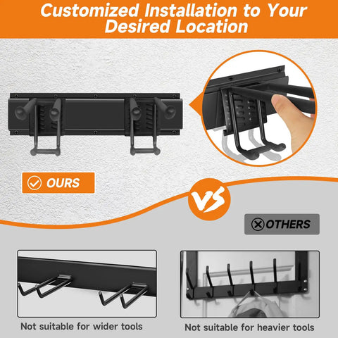 Heavy Duty 48 Inch Wall Mount Garden Tool Organizer Rack With Six Hooks For Yard Tools, Rakes And Shovels, customizable installation.