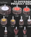 10 different sizes of 20 Piece 80 Grit Aluminum Oxide Flap Wheel Sander Set With Cone And Cylindrical Grinding Heads, Quarter Inch Shank Fits Rotary Tools For Pro Polishing, Metal Finishing, And DIY Projects displayed on a dark background.