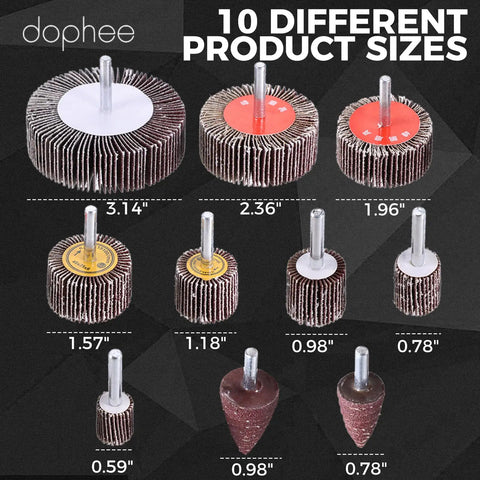 10 different sizes of 20 Piece 80 Grit Aluminum Oxide Flap Wheel Sander Set With Cone And Cylindrical Grinding Heads, Quarter Inch Shank Fits Rotary Tools For Pro Polishing, Metal Finishing, And DIY Projects displayed on a dark background.