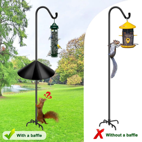 Squirrel Proof Baffle For Bird Feeder Pole Mount Outdoor Guard Stopper Black 16 Inch Easy Install Slope Design shown in action on pole.