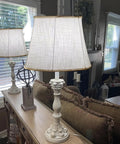 Large Drum Lampshade Set Of 2 White Linen DIY Fabric Spider Fitter Lampshades, 10x14x10 Inches, on table lamps in living room.