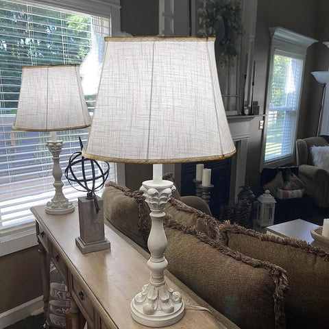 Large Drum Lampshade Set Of 2 White Linen DIY Fabric Spider Fitter Lampshades, 10x14x10 Inches, on table lamps in living room.