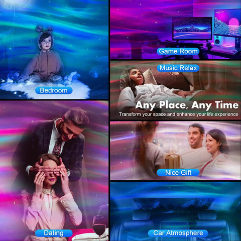 Collage showing Dope 5 In 1 Galaxy Projector With Aurora Nebula Lights Built In Bluetooth Speaker in bedroom, game room, and for gifts.