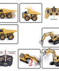 Two Pack Remote Control Construction Vehicle Set With Friction Powered Excavator And Dump Truck Realistic Lights And Sounds For Imaginative Play Great Gift For Toddlers Boys And Girls showing controls and features.