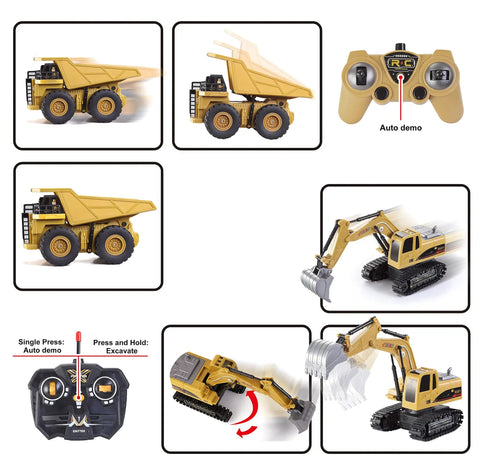 Two Pack Remote Control Construction Vehicle Set With Friction Powered Excavator And Dump Truck Realistic Lights And Sounds For Imaginative Play Great Gift For Toddlers Boys And Girls showing controls and features.