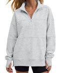 Light gray womens quarter zip sweatshirt with oversized hood cozy lounge essential relaxed fit everyday wear size small.