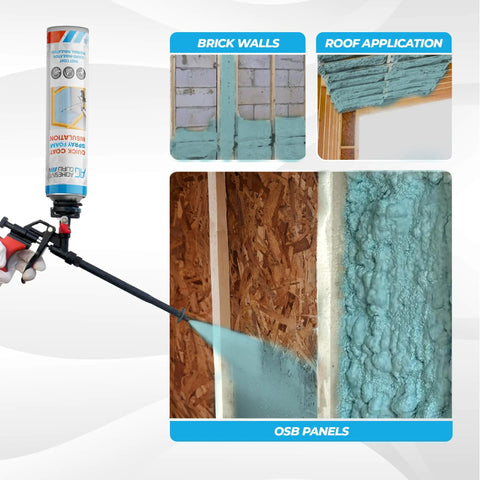 Closed Cell Spray Foam Insulation Kit For Walls With 12 Cans Of 32.8 Oz Each Covers 240 Board Feet DIY Sealant Set shown in use