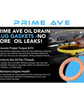 Graphic showing Prime Ave oil drain plug gaskets with text highlights, including plug illustration and benefits of no more oil leaks.