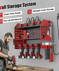 Power Tool Organizer Wall Mount With Charging Station, 3 Tier Red Garage Shelf, Built In 6 Outlet Power Strip And 1.65m Cord For Quick Charging, Grab And Go Access, And Neat Tool Storage on wall