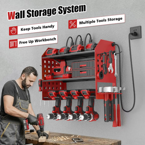 Power Tool Organizer Wall Mount With Charging Station, 3 Tier Red Garage Shelf, Built In 6 Outlet Power Strip And 1.65m Cord For Quick Charging, Grab And Go Access, And Neat Tool Storage on wall