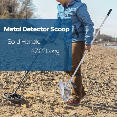 Person using Heavy Duty Sand Scoop For Metal Detecting With Long Handle Stainless Steel Detector Shovel on beach