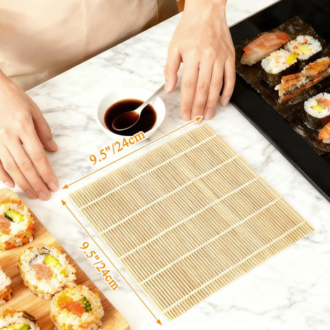 Person using Bamboo Sushi Rolling Mat Set Of 4 Pcs For Homemade Maki Kimbap And Rolls Natural Wood Mats with soy sauce and sushi
