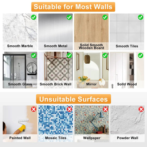 Heavy Duty Adhesive Hooks 12 Pack Holds Up To 13 Lbs Each Waterproof No Nail Wall Hangers suitable and unsuitable surfaces chart