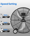 Built Tough 24 Inch High Velocity Drum Fan With 9500 CFM Airflow, showing 3 speed settings and metal frame, Black