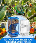 Straight-Up No-Mess Bird Feeder And Water Dispenser Set Featuring Automatic Drinking Bottles And Fresh Food Bowls With A Sturdy Chew Stick And Fast Cleanup Scoop Ideal For Joyful Parakeets Cockatiels And Lovebirds In Bright Blue with food and water containers.