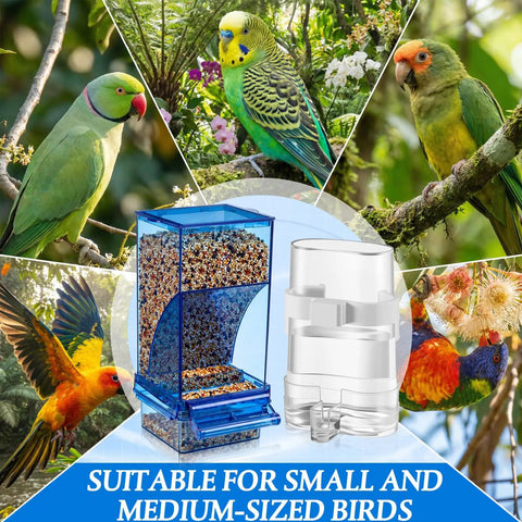 Straight-Up No-Mess Bird Feeder And Water Dispenser Set Featuring Automatic Drinking Bottles And Fresh Food Bowls With A Sturdy Chew Stick And Fast Cleanup Scoop Ideal For Joyful Parakeets Cockatiels And Lovebirds In Bright Blue with food and water containers.