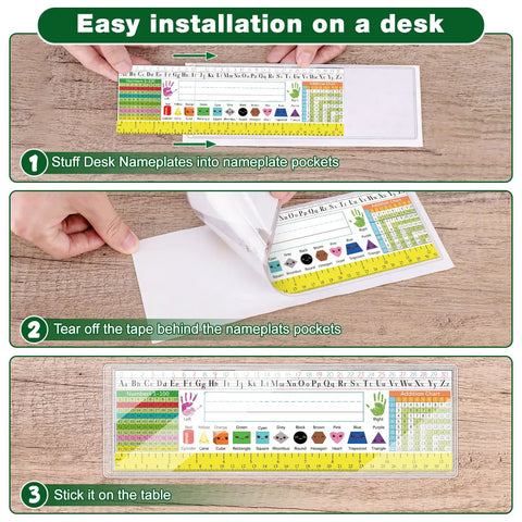 Clear Reusable Nameplate Pockets, 25 Pack, 9.5 X 3.4 Inches shown used on a desk setup with easy installation steps.