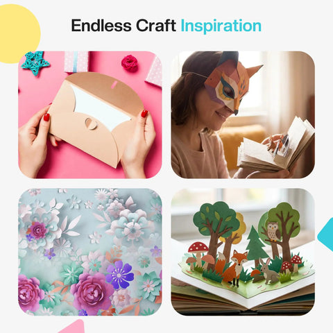 Endless Craft Inspiration collage featuring card making, a paper mask, floral designs, and a pop-up book scene.