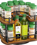 Two Tier In Cabinet Spice Rack Organizer With Rotating Lazy Susan No Brainer Space Saver For 11 Inch Wide Cabinets holding spice jars.