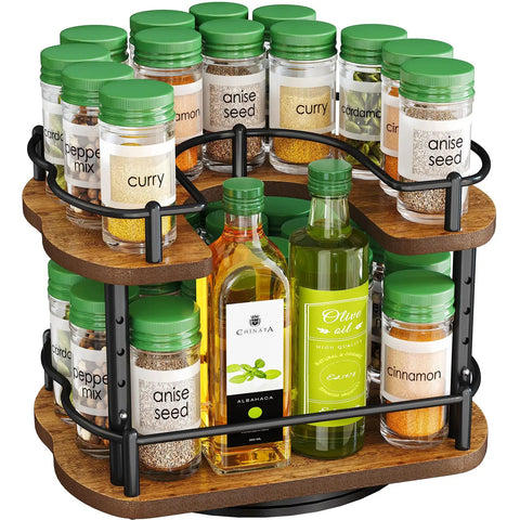 Two Tier In Cabinet Spice Rack Organizer With Rotating Lazy Susan No Brainer Space Saver For 11 Inch Wide Cabinets holding spice jars.