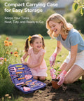 Woman and child using 12-Piece Women's Gardening Tools Gift Set With Durable Carrying Case Rust-Proof And Heavy-Duty Tools in garden.