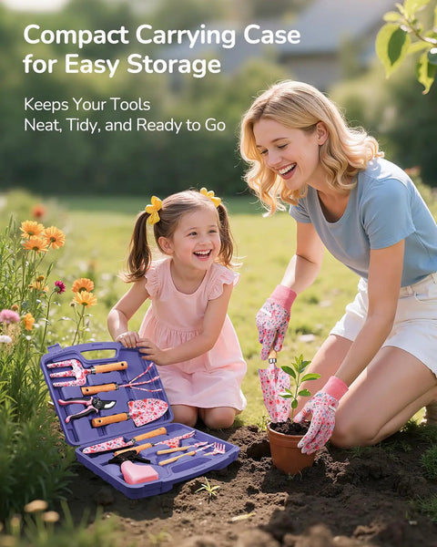 Woman and child using 12-Piece Women's Gardening Tools Gift Set With Durable Carrying Case Rust-Proof And Heavy-Duty Tools in garden.