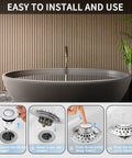 4-step installation of 2 In 1 Bathtub Drain Plug Stopper Hair Catcher With Stainless Steel Filter in black bathtub