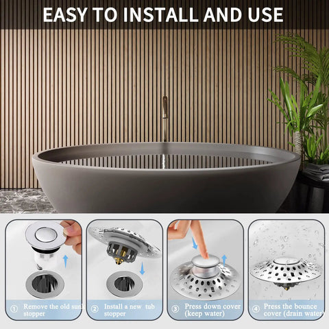 4-step installation of 2 In 1 Bathtub Drain Plug Stopper Hair Catcher With Stainless Steel Filter in black bathtub