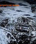 PD36R V2.0 1700 Lumen USB Type C Rechargeable EDC Tactical Flashlight Built For Everyday Carry With Dual Power Sources and LumenTac Organizer shown in water emphasizing its waterproof design.