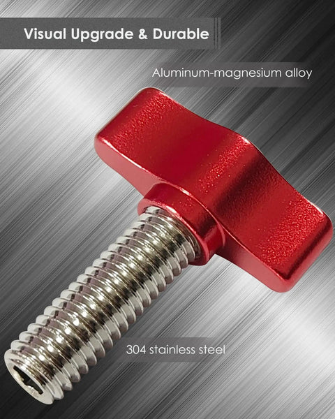 Kickass Aluminum Thumb Screws And Heavy Duty Hex Nuts Kit For Hassle Free Quick Swap Jeep Hardtop Fastener Hardware Replacement Assembly Set Bright Red Finish close-up of red aluminum thumb screw and stainless steel thread.