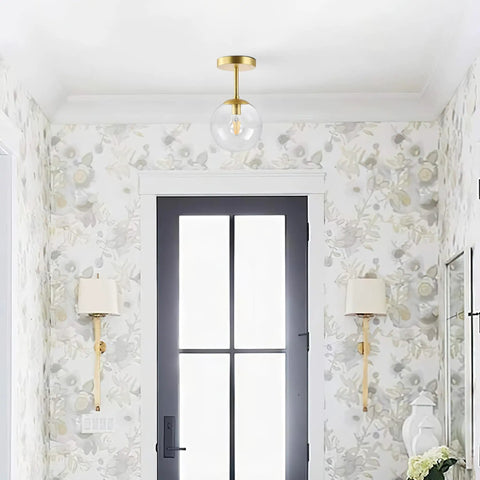 Dope Mid Century Modern Globe Semi Flush Mount Ceiling Light With Clear Glass And Gold Brass Finish in hallway
