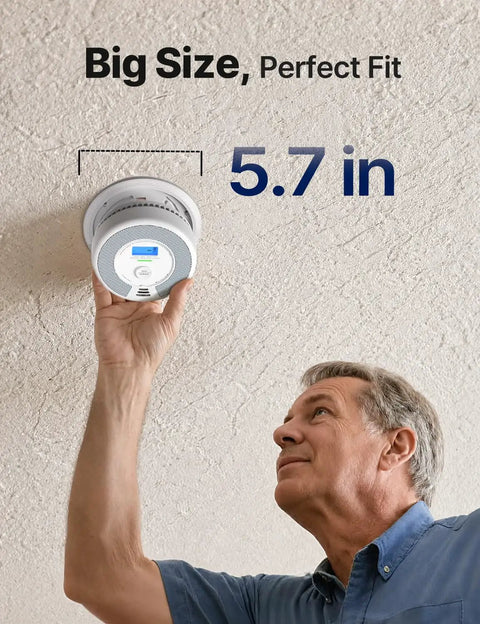 Man installing Top Shelf Smoke Detector And Carbon Monoxide Alarm Combo 3 Pack ETL Approved above with 5.7 in size.