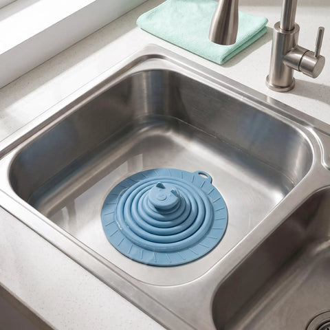 Bekecidi Bathtub Drain Cover, 6-Inch Silicone Tub Stopper, 3 Pack in sink, blue silicone design creating strong water seal.