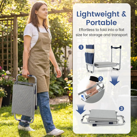 Two In One Garden Kneeler And Seat Grab And Go Foldable with extra wide EVA kneeling pad and detachable tool pouch, blue