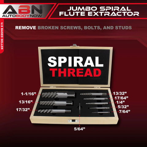 Jumbo Spiral Flute Bolt And Screw Extractor Set 9 Piece with square shank, spiral thread, wood case, open view.