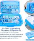 Hands On Basic Electricity And Magnetism Lab Kit For High School Students with dual-layer blue storage case open and items visible.