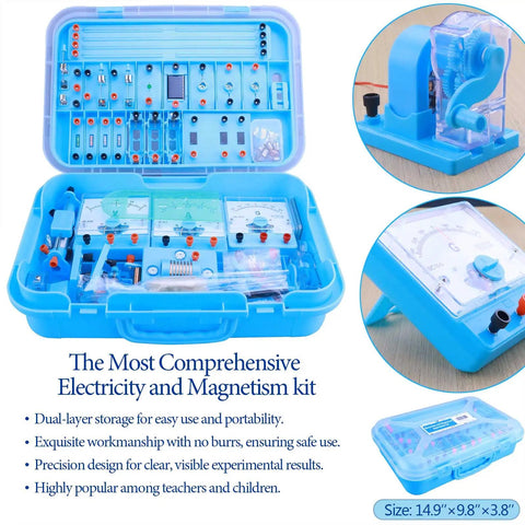 Hands On Basic Electricity And Magnetism Lab Kit For High School Students with dual-layer blue storage case open and items visible.